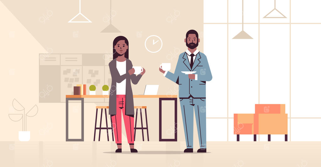 زوج در حال نوشیدن کاپوچینو، بحث مرد و زن تاجر در طول جلسه و استراحت در کافه دفتر مدرن، نمای داخلی