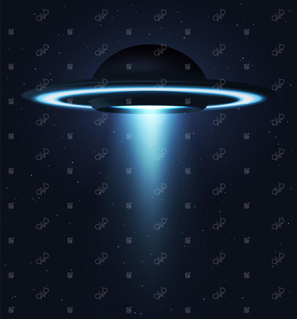 شیء پرنده ناشناس. پرواز بشقاب‌پرنده در افق آسمان شب. سفینه فضایی پیشرفته با پس‌زمینه ستاره‌های فضا. تصویرسازی وکتور.