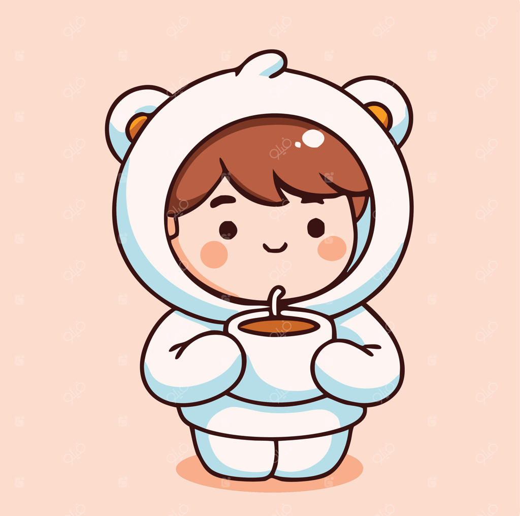 کودک کارتونی با لباس خرس قطبی در حال نوشیدن قهوه به سبک کاوایی