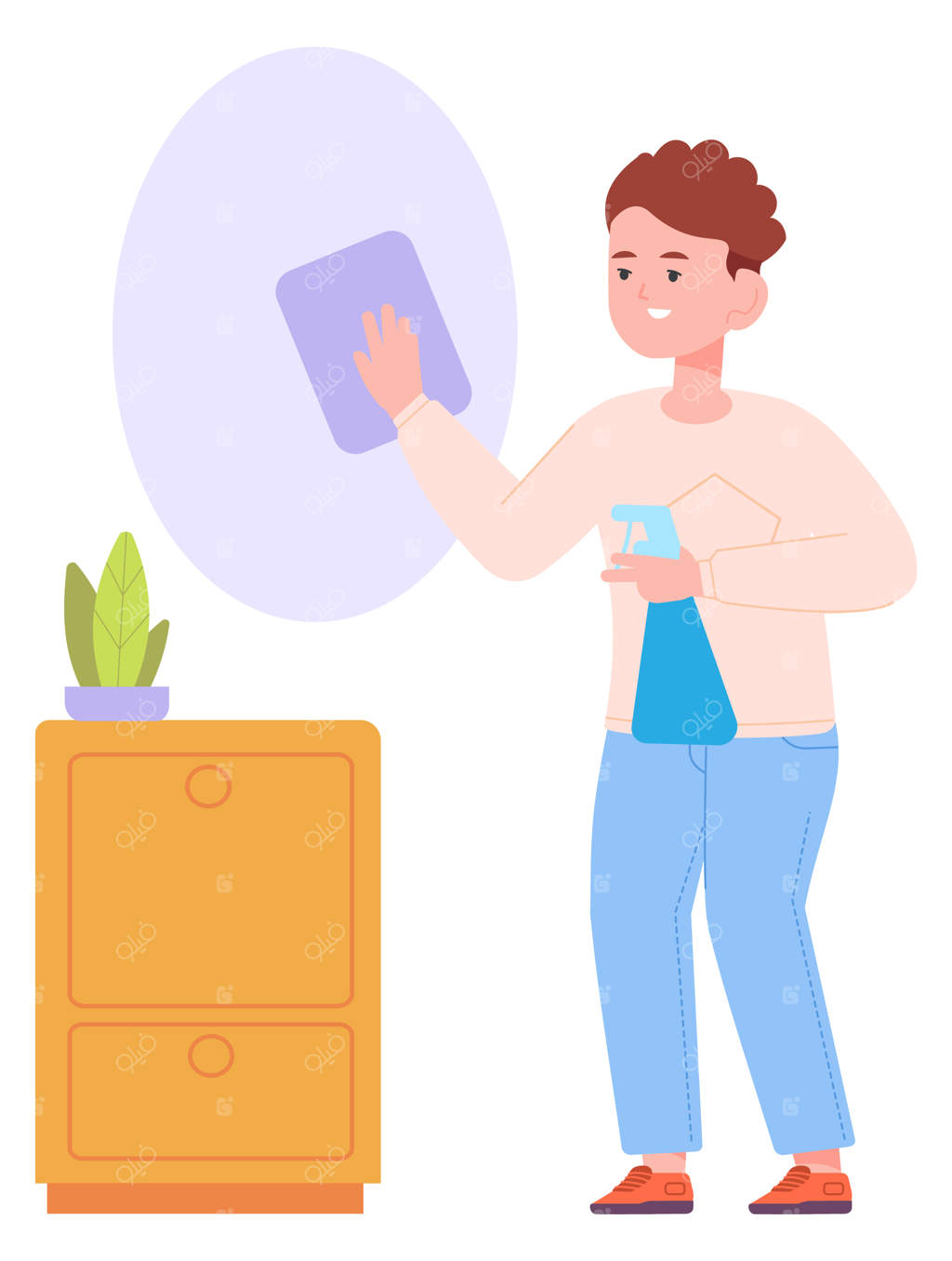 پسر در حال تمیز کردن خانه با اسپری و دستمال، کمک به کارهای خانه