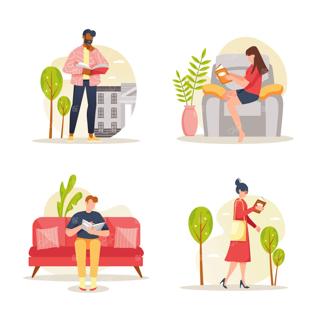 مفهوم کتاب‌خوانی با صحنه‌ای از افراد که مردان و زنان کتاب‌های ژانرهای مختلف می‌خوانند