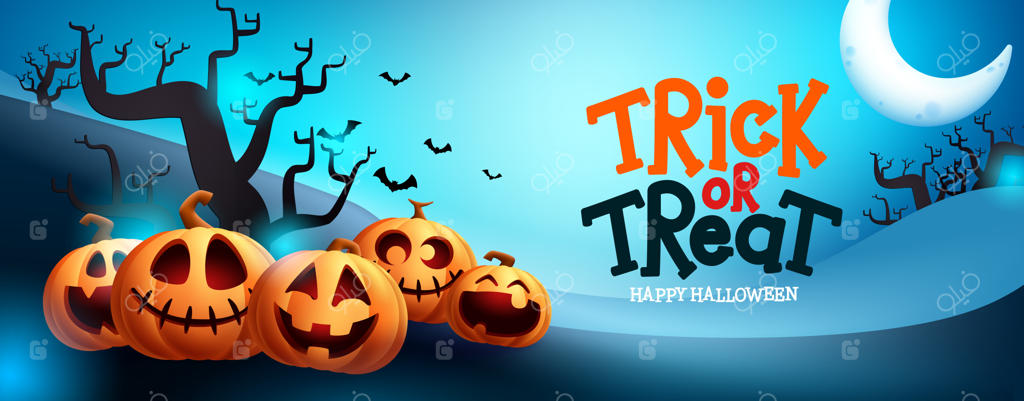 طراحی وکتور جشن هالووین: متن "چالش یا شیرینی" همراه با شخصیت‌های کدو تنبل در شب.