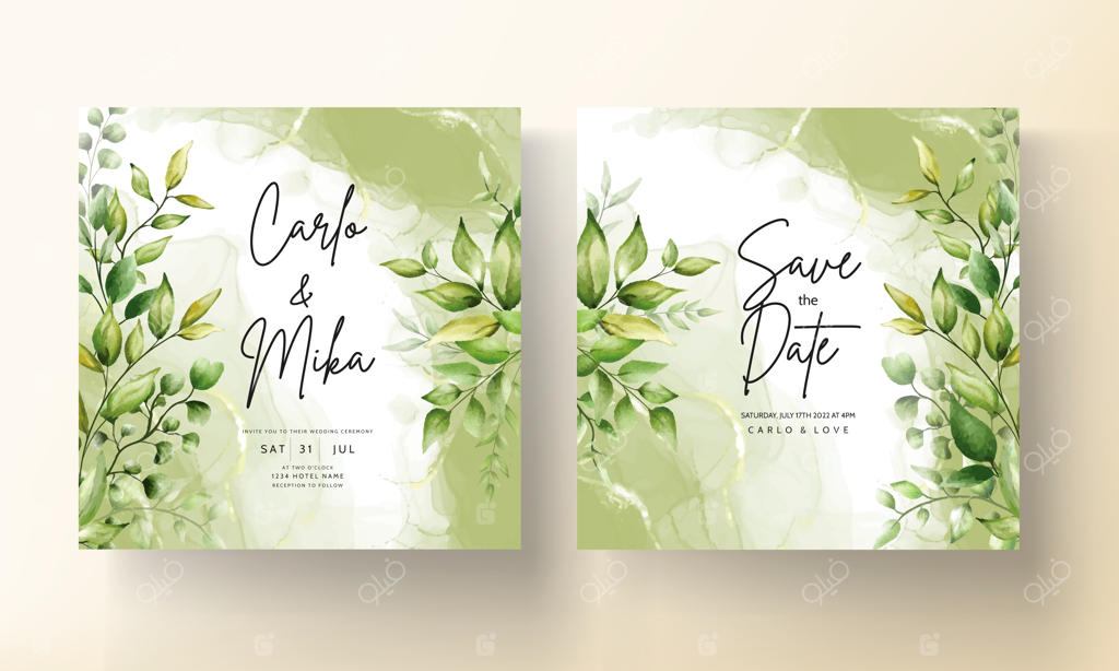 کارت دعوت عروسی شیک با طرح برگ‌های آبرنگی زیبا