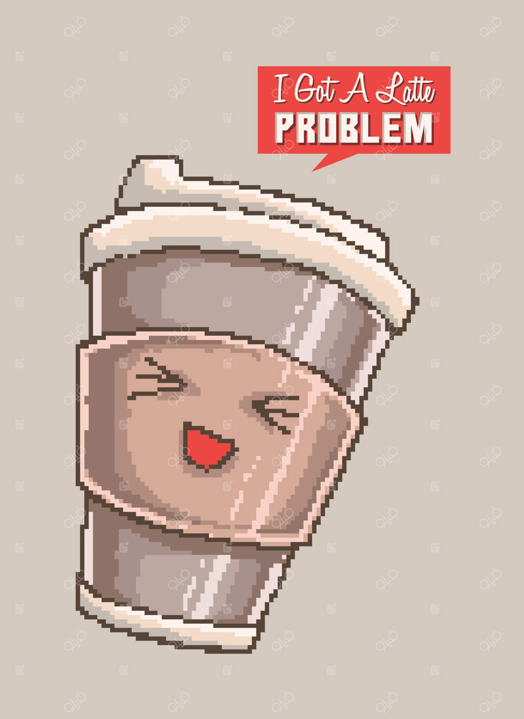 نقاشی پیکسلی وکتوری از یک فنجان لاته بامزه با لبخند و جملات طنزآمیز.