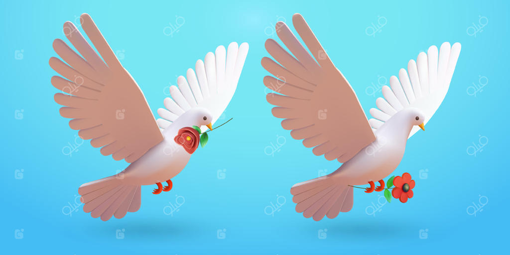 کبوتر گل به منقار در حال پرواز، سه‌بعدی. مناسب برای رویدادها و عناصر طراحی