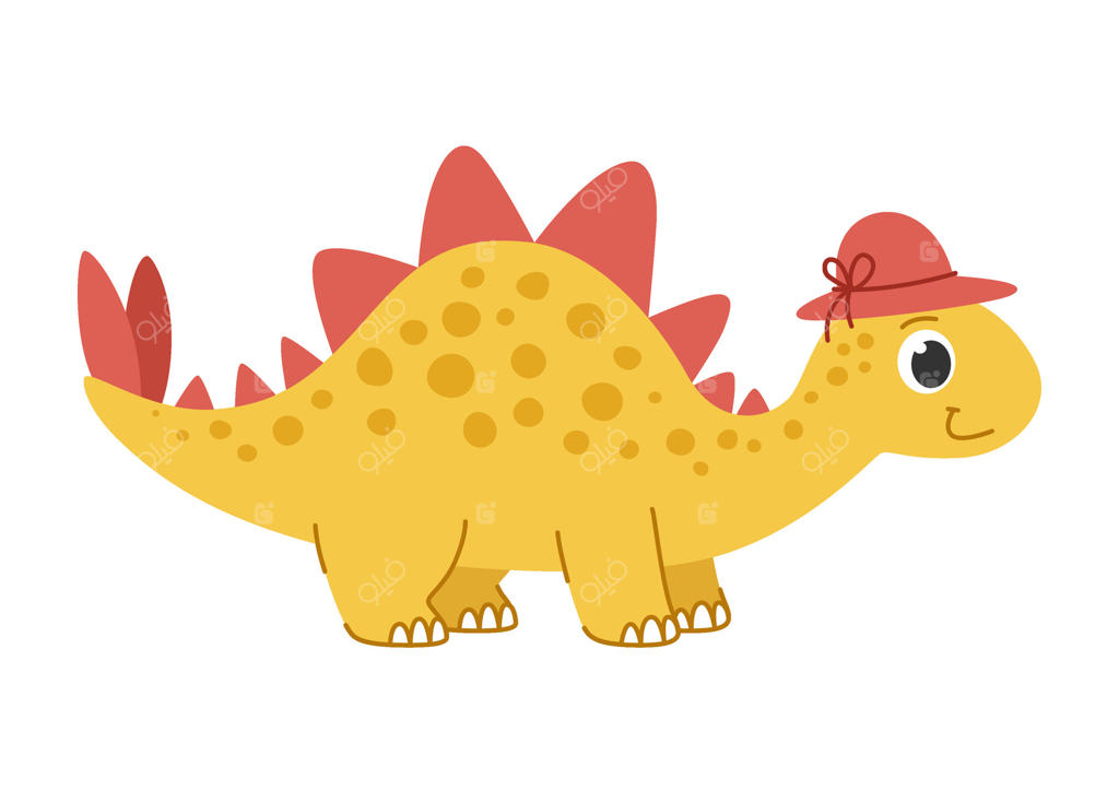 دیناسور کارتونی بچه‌ها: استگوسوروس. دیناسور زرد بامزه با تیغ‌های قرمز و کلاه. حیوان کوچک و دوست‌داشتنی ماقبل تاریخ. تصویرسازی.