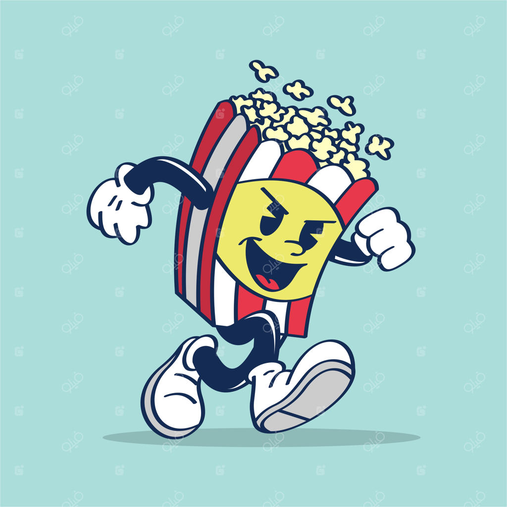 لوگوی یک فیلم سرگرم‌کننده: چهره‌ای خندان و بسته‌ی پاپ‌کورن با راه‌راه زرد و قرمز که در حال دویدن است.