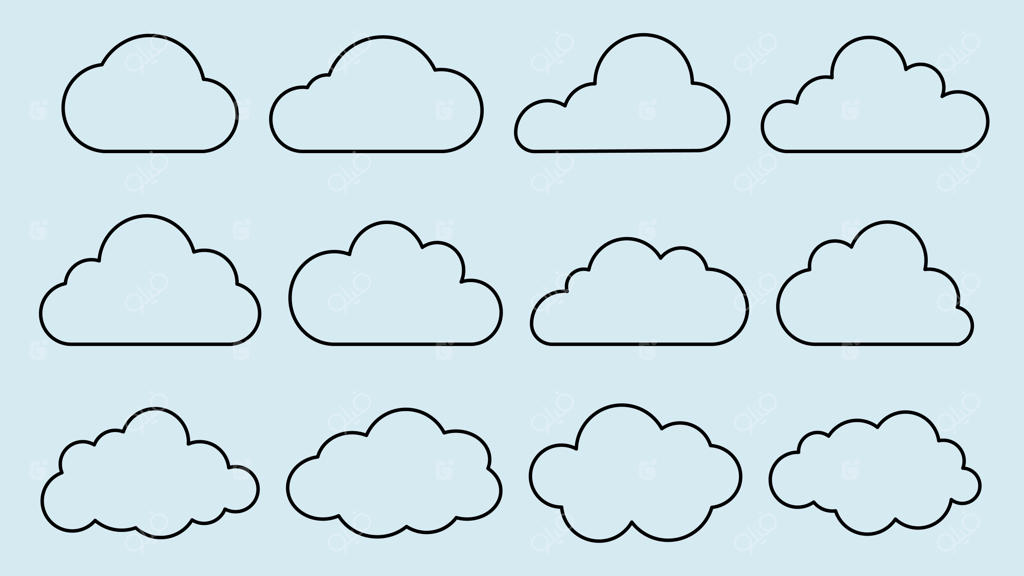 مجموعه ۱۲ طرح خطی ابر با اشکال و اندازه‌های متنوع در پس‌زمینه آبی روشن، وکتور تصویرسازی ساده و مناسب برای پروژه‌های هواشناسی