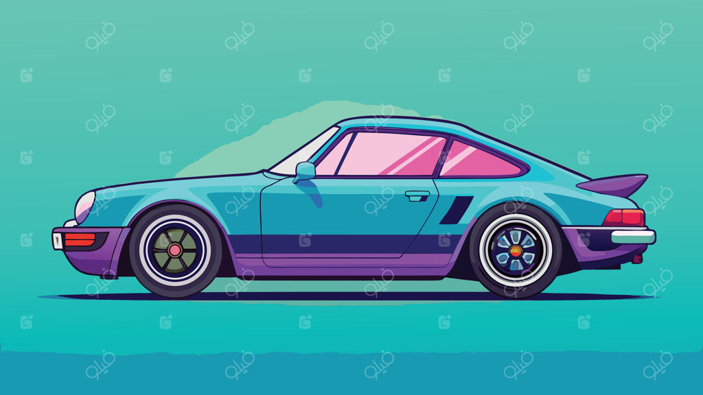 ماشین کارتونی با چرخ‌های بنفش و پس‌زمینه آبی