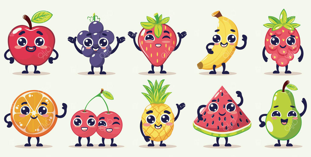مجموعه وکتور حرفه‌ای میوه‌های کارتونی و بامزه برای کودکان