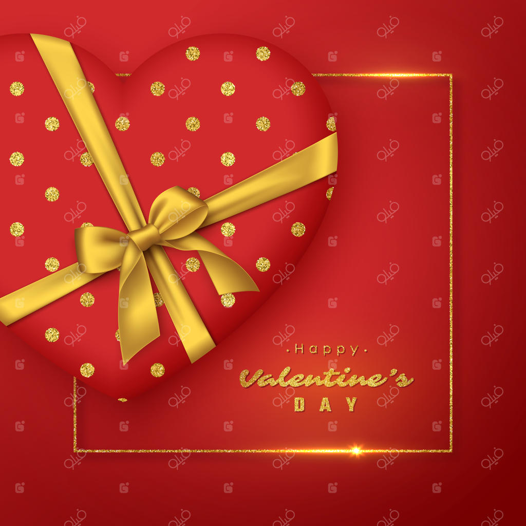 قلب سه‌بعدی قرمز با پاپیون طلایی و قاب براق – ویژه روز ولنتاین.