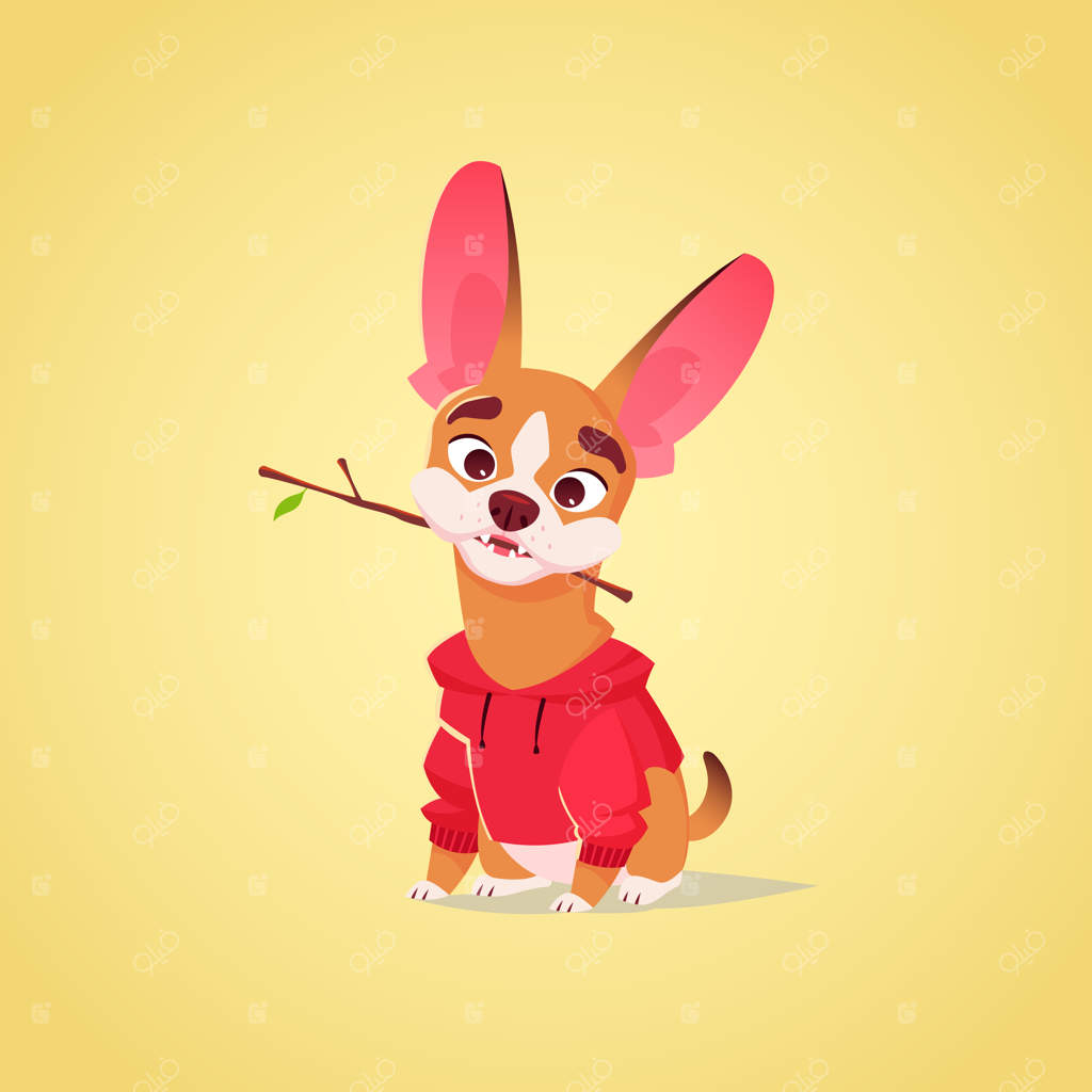 تصویر شخصیت سگ بامزه وکتور. سبک کارتونی. توله سگ خوشحال و گرسنه بولداگ فرانسوی با سویشرت قرمز و اسباب بازی چوبی. حیوان خانگی.