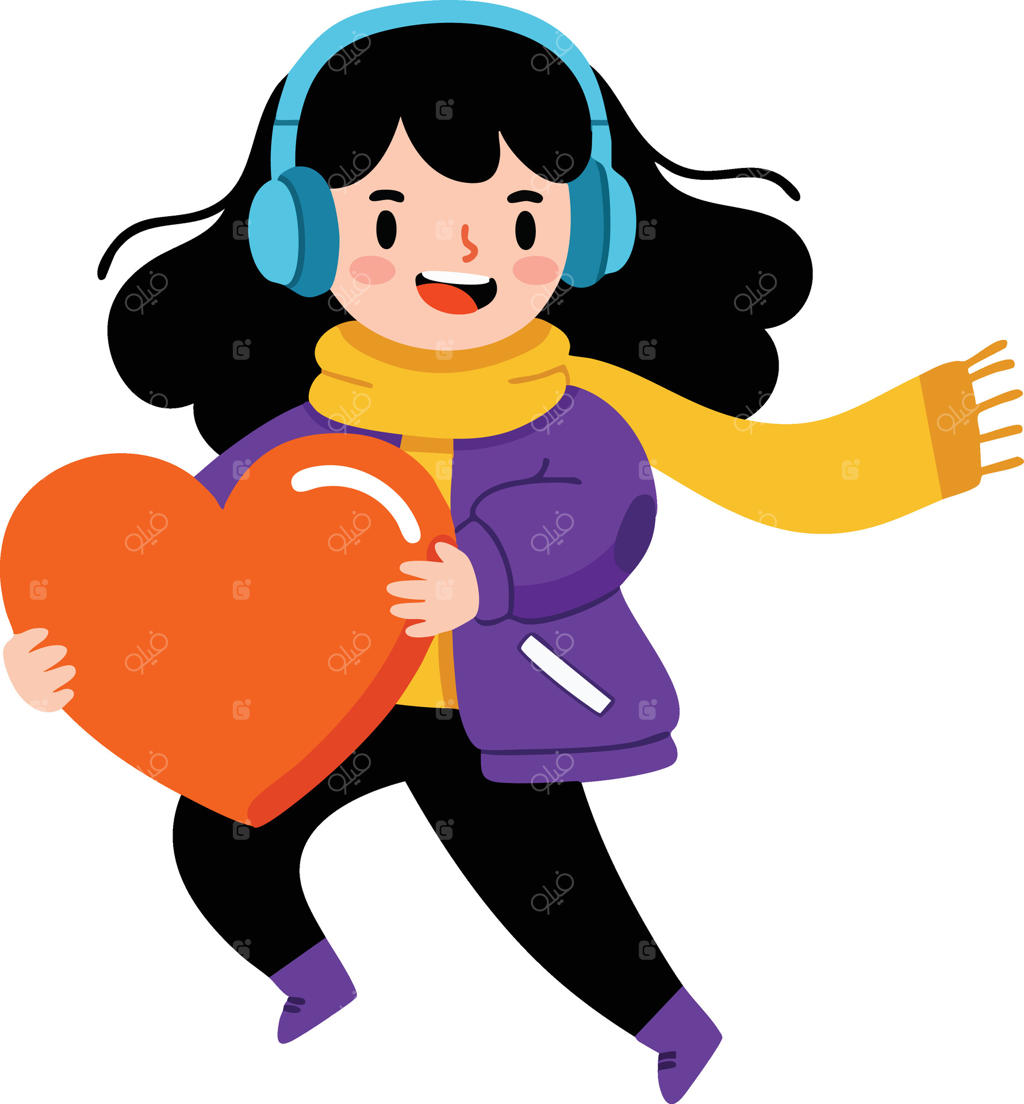 دختر با قلبی که هدفون و شال گردن زمستانی شادی‌بخش در دست دارد (تصویر)