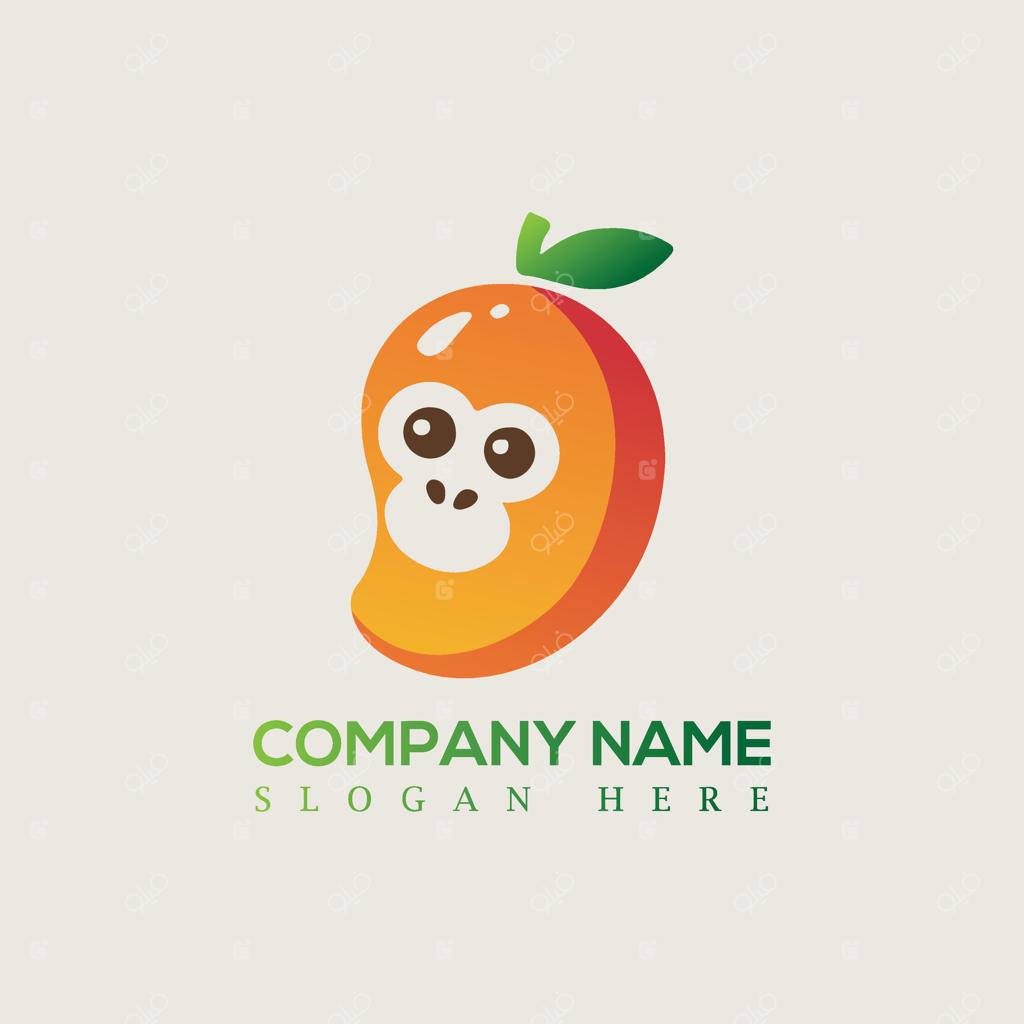 لوگوی نمادین میوه انبه با چهره میمون و برگ برای هویت برند