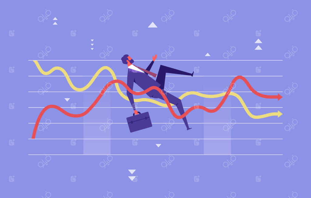 نوسانات سرمایه‌گذاری مالی، عدم قطعیت یا تغییر در کسب‌وکار و مفهوم بازار بورس، سقوط سرمایه‌گذار در برابر عدم قطعیت، نمودار نوسان سود با فلش‌های بالا و پایین