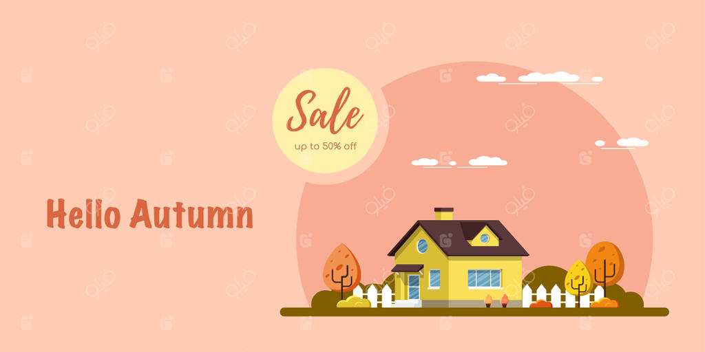 بنر تخفیف پاییزی، تصویر خانه با درختان، منظره روستایی، تصویرسازی ساده