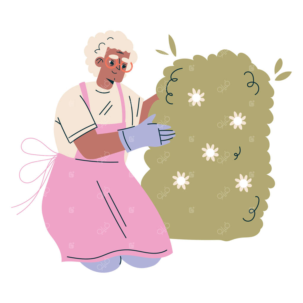 تصویر زن مسن در حال نشستن در باغ بوته‌ها