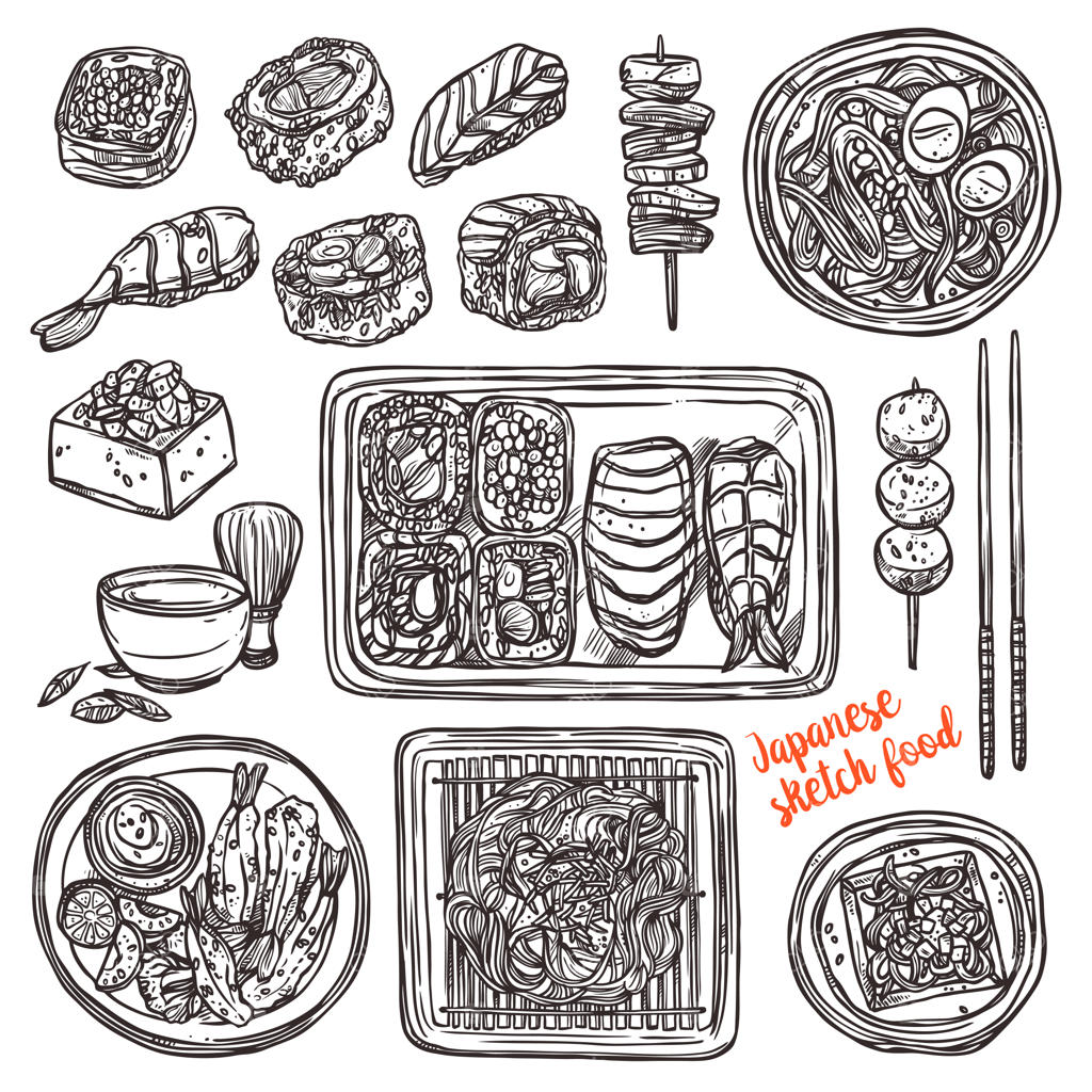 سوشی و غذاهای ژاپنی به سبک طراحی دستی و اسکچ