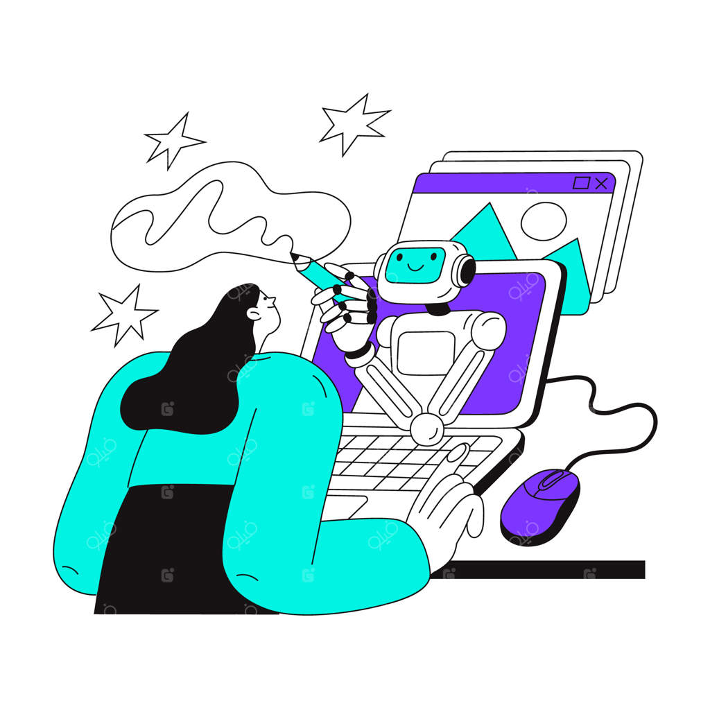 تصویرسازی تعامل افراد با اپلیکیشن هوش مصنوعی، به صورت دستی طراحی شده