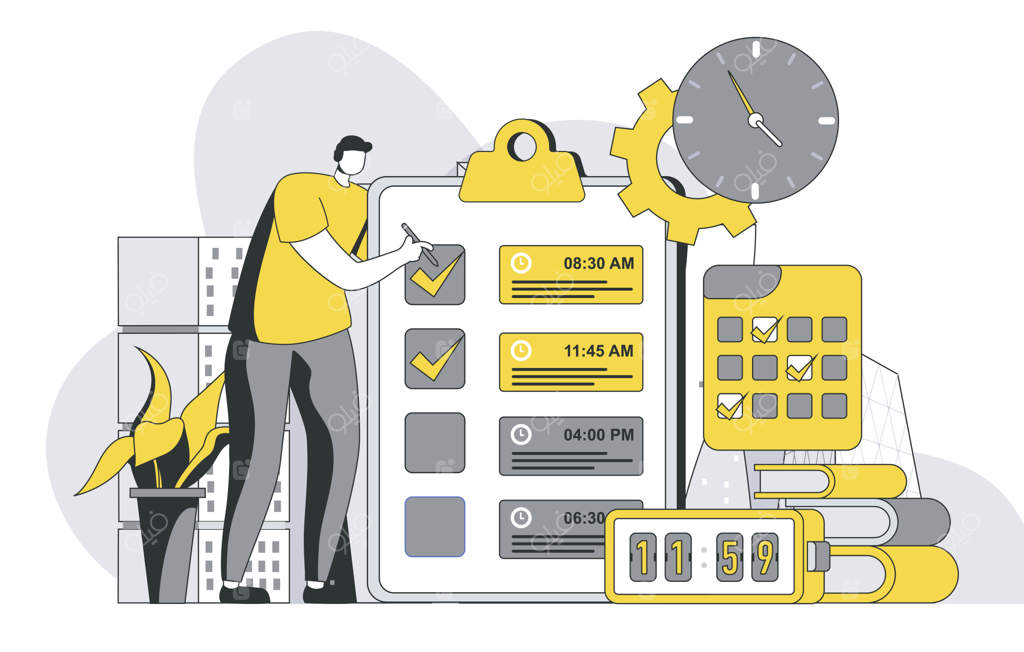 مفهوم مدیریت زمان: صحنه‌ای از افراد با طرح کلی، مردی که برنامه‌ریزی و لیست کارها را ایجاد و پیگیری می‌کند