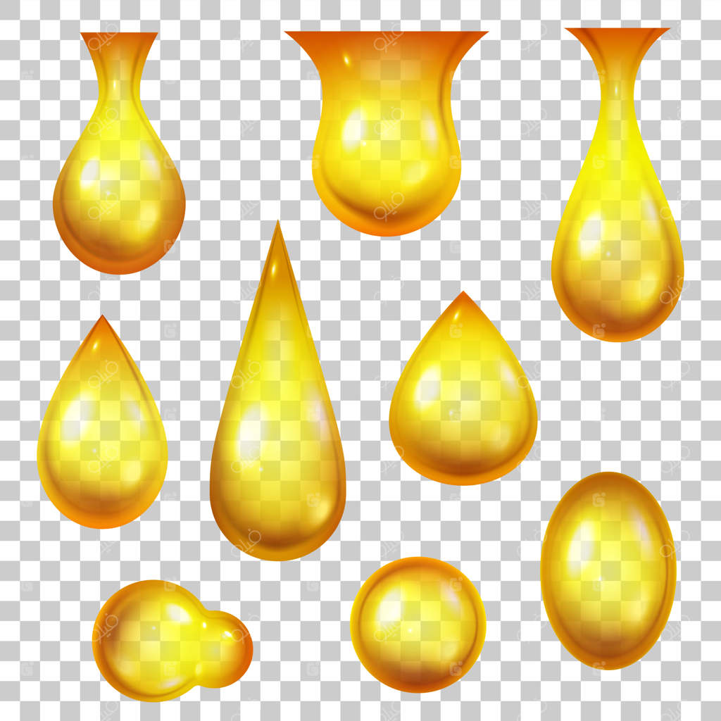 قطره‌های روغن: قطره‌های واقعی عسل و حباب‌های طلایی. مجموعه وکتور قطره‌های زرد سه‌بعدی برای محصولات آرایشی یا نفتی. روغن ماشین، بنزین یا اسانس برای مراقبت از پوست