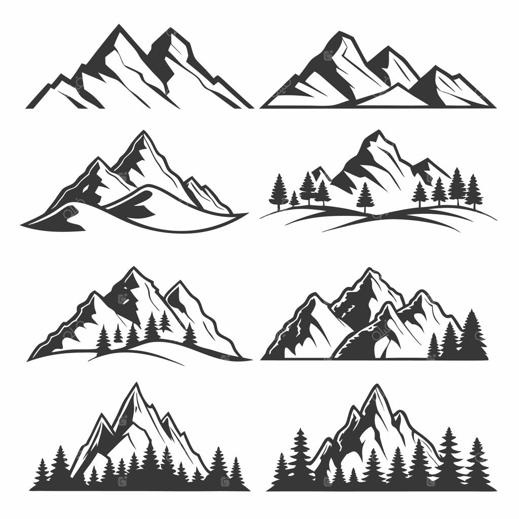 مجموعه تصویرسازی‌های وکتور کوه سیاه و سفید
