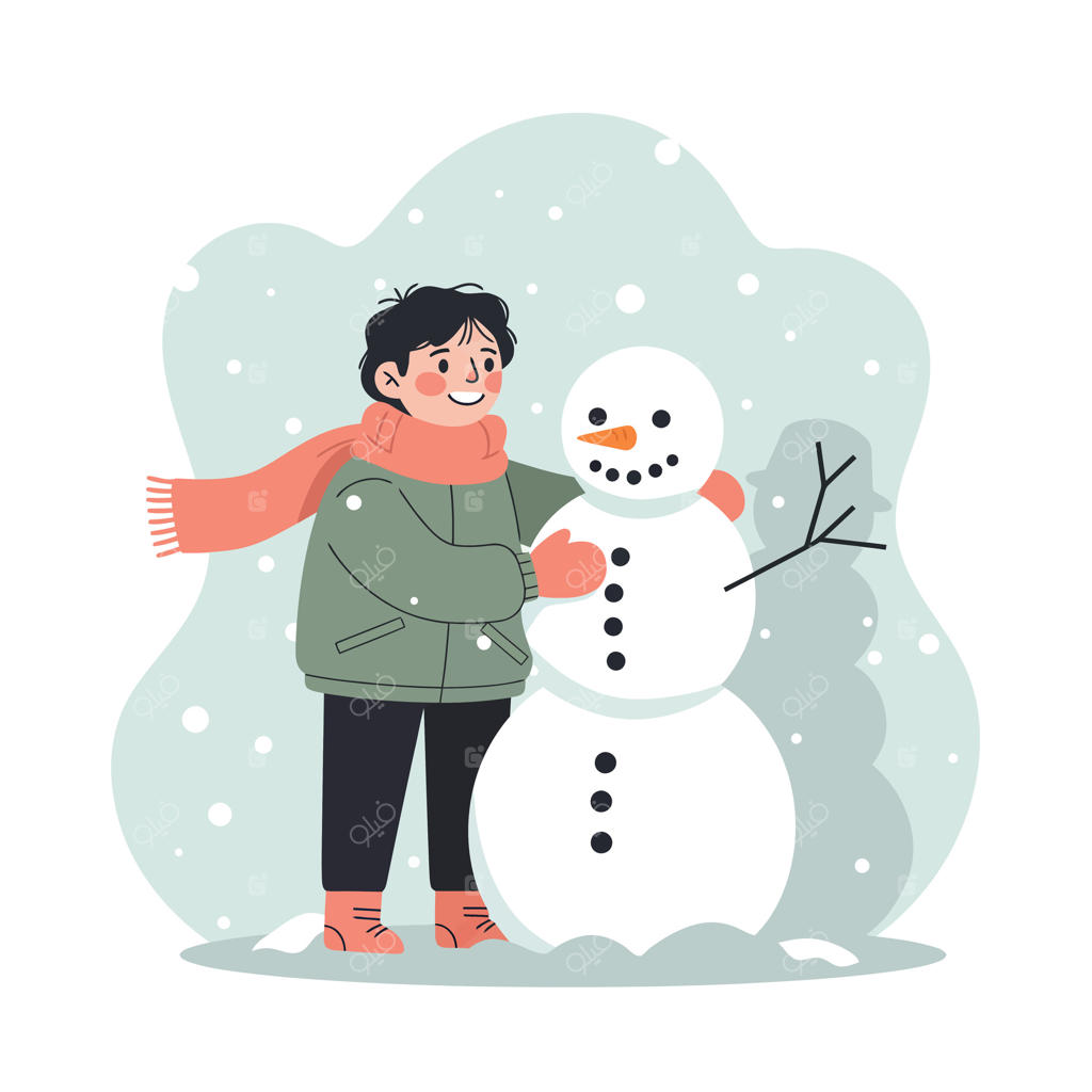 پسربچه با شال‌گردن و دستکش در حال ساختن آدم‌برفی و لذت بردن از بارش برف در فضای باز زمستانی