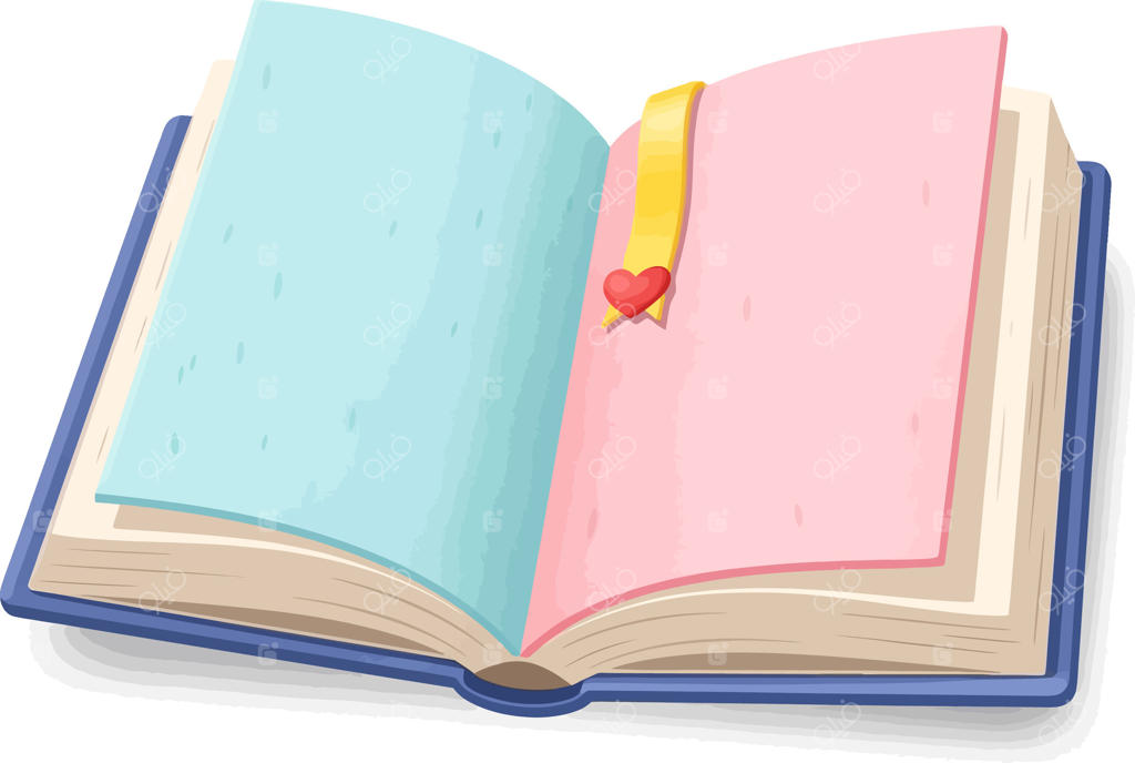 کتاب باز با جلد پاستلی و نشان قلبی‌شکل