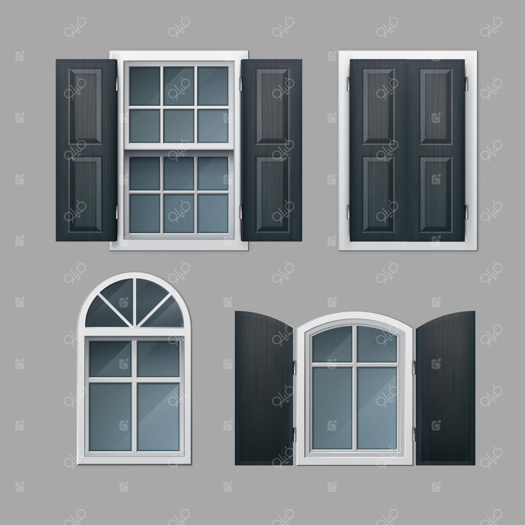 مجموعه‌ای از پنجره‌های مختلف باز و بسته با کرکره‌های چوبی خاکستری