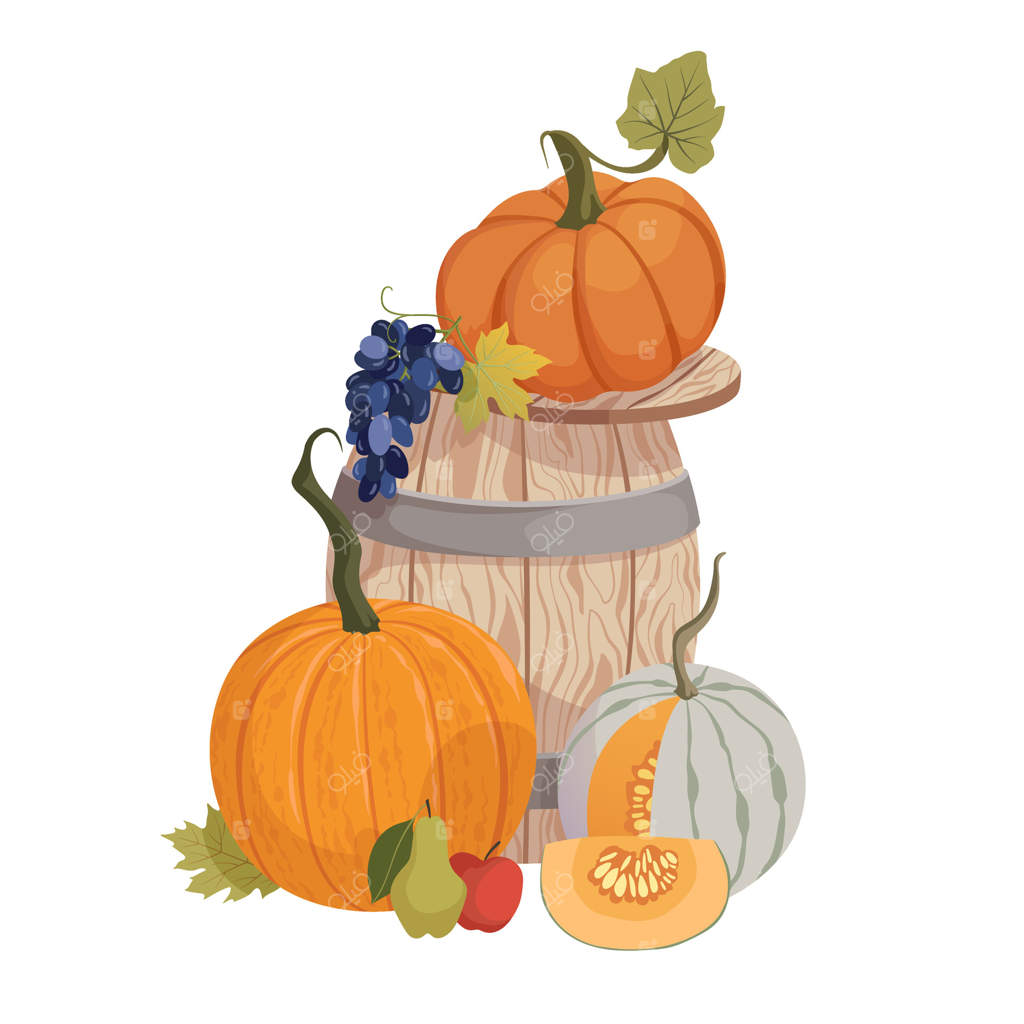 ترکیب پاییزی کدو و انگور برروی بشکه چوبی برای کارت پستال، بنر، پوستر و جشنواره. طراحی ترکیب کدو پاییزی. تصویرسازی محصولات باغ پاییزی.