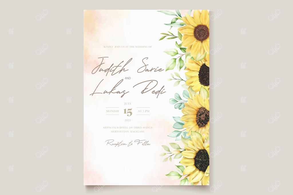 کارت دعوت عروسی با طرح گل آفتابگردان در رنگ‌های آبرنگی