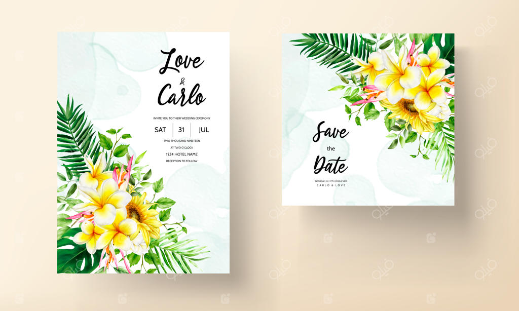 کارت دعوت عروسی با طراحی گل‌ها و برگ‌های گرمسیری شیک