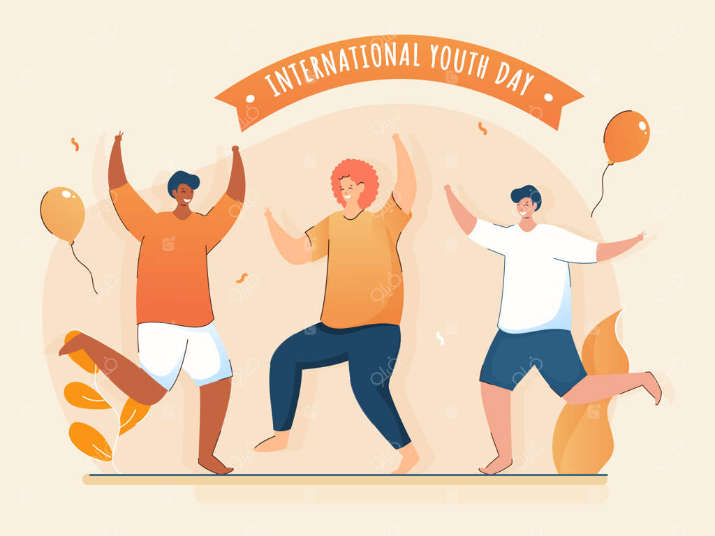 سه پسر جوان در حال رقص با هم، با بادکنک‌ها و برگ‌های پرواز بر روی پس‌زمینه هلو برای جشن روز جهانی جوانان.