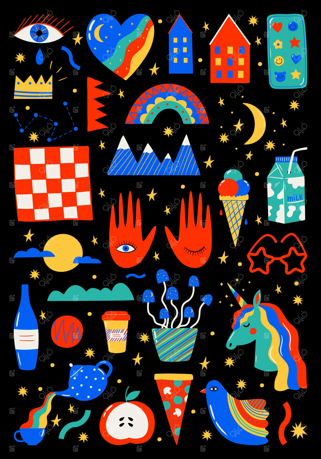 مجموعه‌ای انتزاعی از عناصر رنگارنگ و جذاب - پوستر روانگردان و درخشان