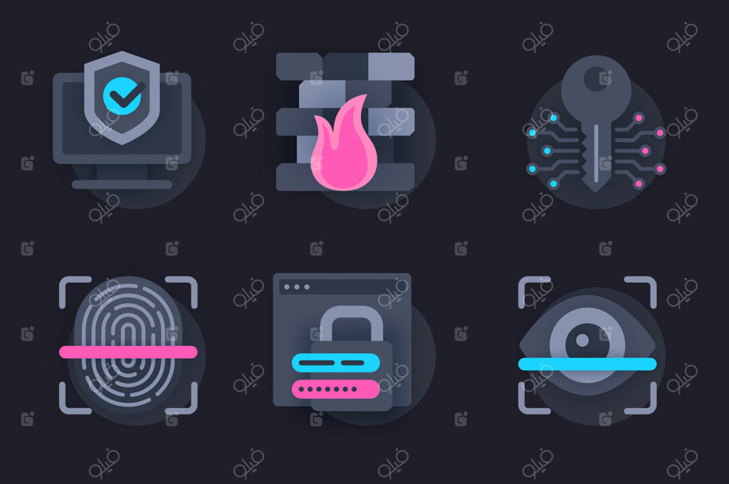 مفهوم وب امنیت سایبری با آیکون‌های سه‌بعدی کاغذی. مجموعه‌ای از پیکتوگرام‌های تخت برای حفاظت آنلاین، شناسایی کاربر، دسترسی با اسکن اثر انگشت و گذرواژه. عناصر وب‌سایت با سبک تاریک.