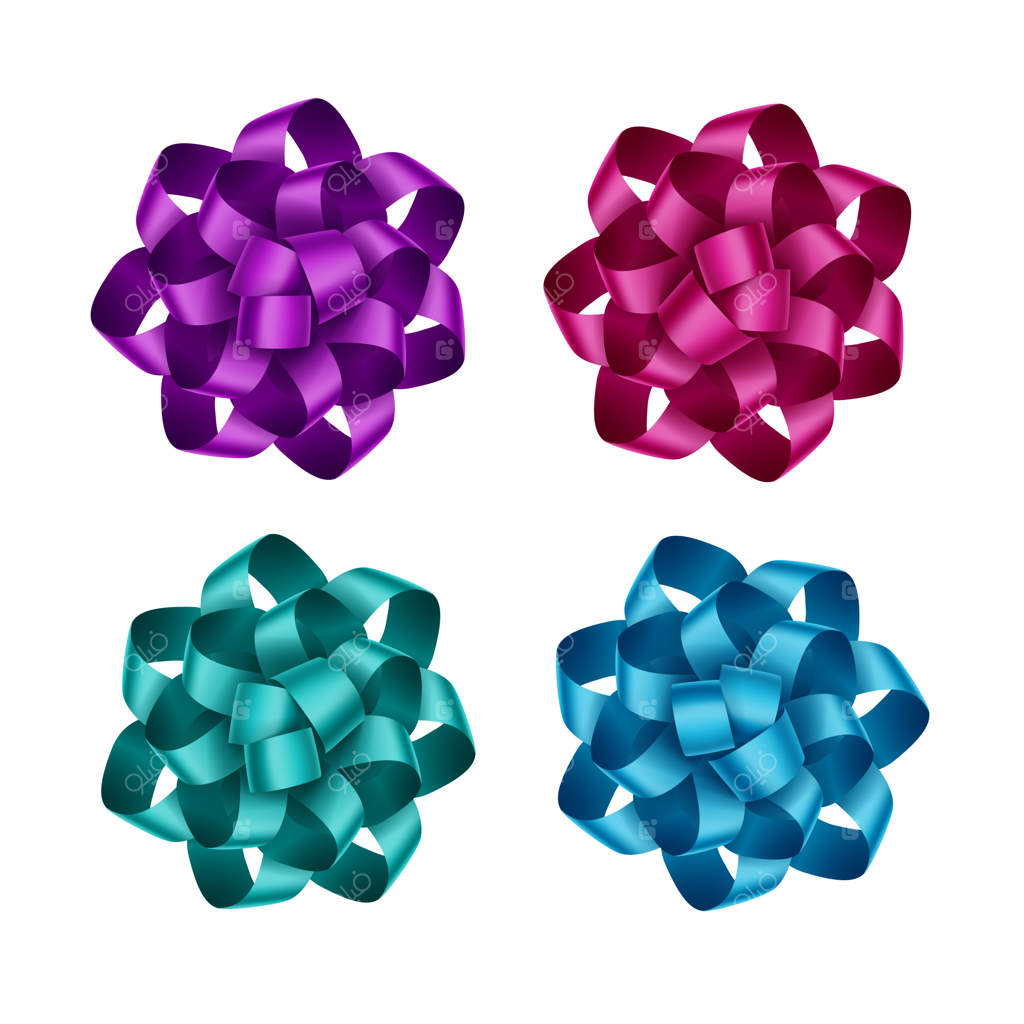 مجموعه‌ای از روبان‌های هدیه به رنگ‌های ارغوانی روشن، سرخابی، صورتی تیره، آبی روشن، آبی آسمانی و زمردی روی زمینه سفید