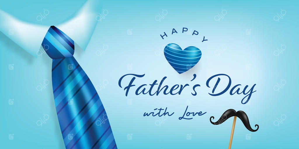کارت تبریک روز پدر با تصویر قلب و کراوات آبی روی پس‌زمینه آبی روشن، همراه با عشق و قدردانی