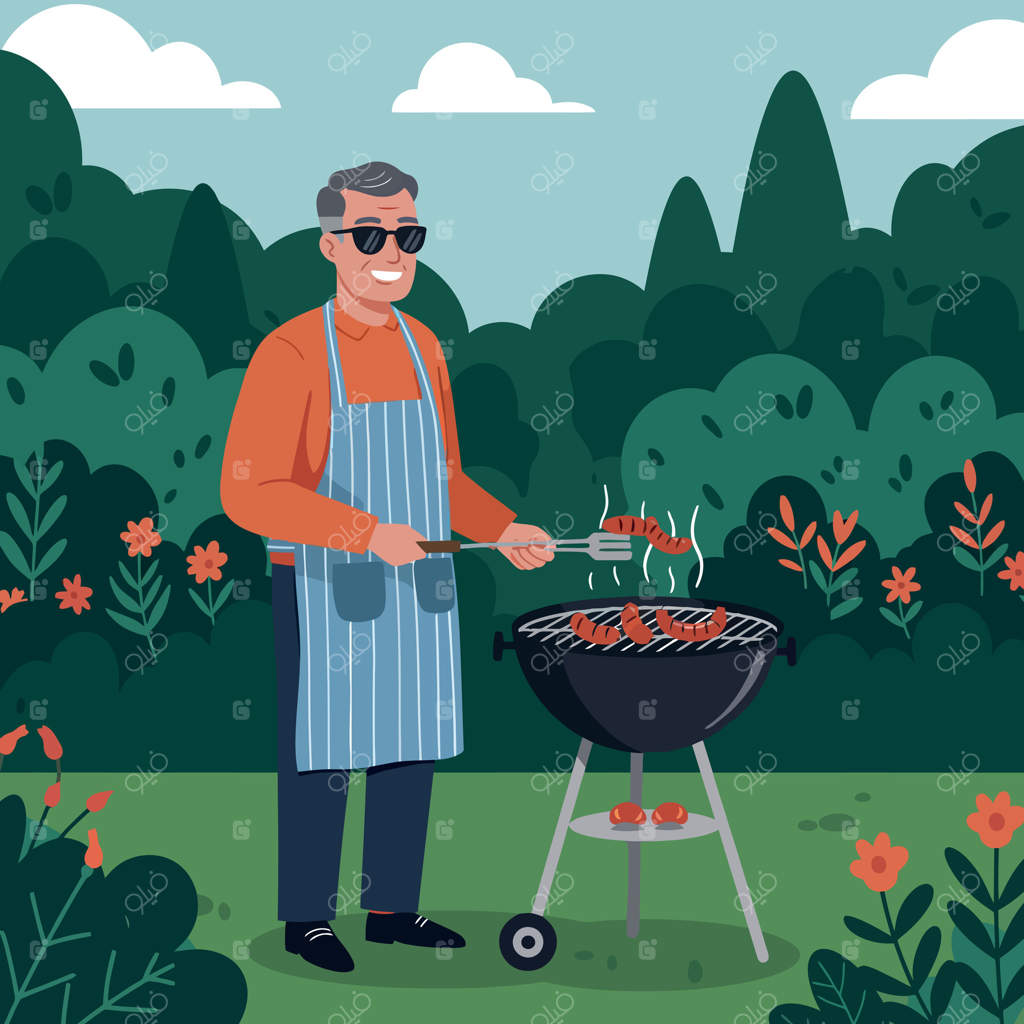 مردی با عینک آفتابی و پیش‌بند در حال کباب کردن سوسیس در باغ سبز