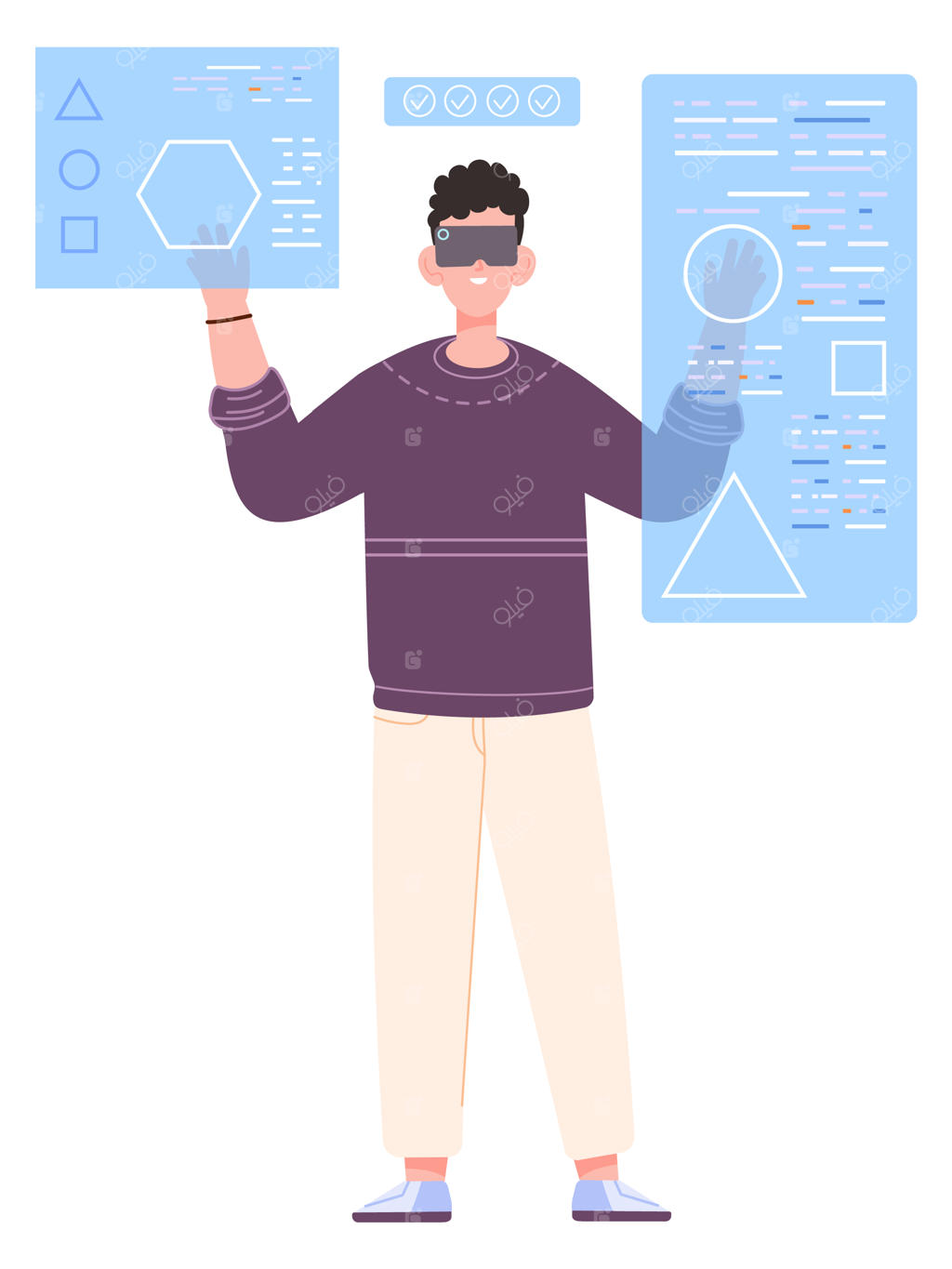 مردی با هدست واقعیت مجازی در حال مطالعه ریاضیات و مهندسی مجازی