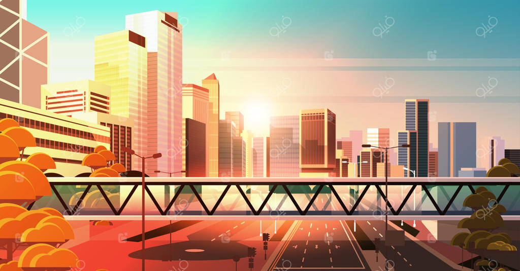 پل عابر پیاده بر فراز بزرگراه آسفالته با علائم راهنمایی و رانندگی و نشانه‌های فلش‌دار