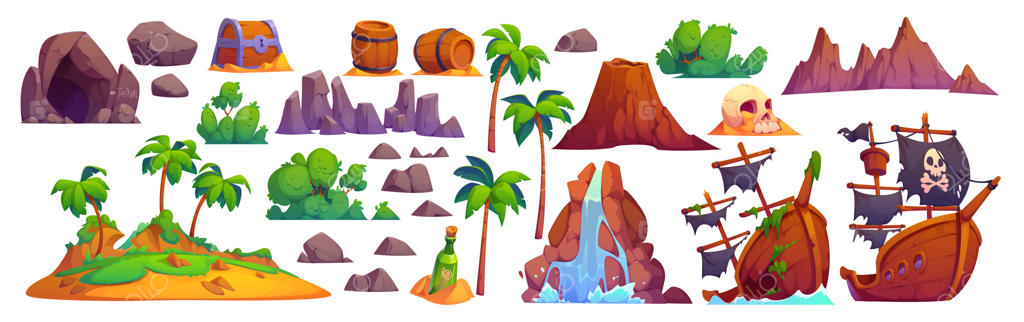 دارایی‌های بازی دزد دریایی کارتونی: کشتی، جزیره و نقشه