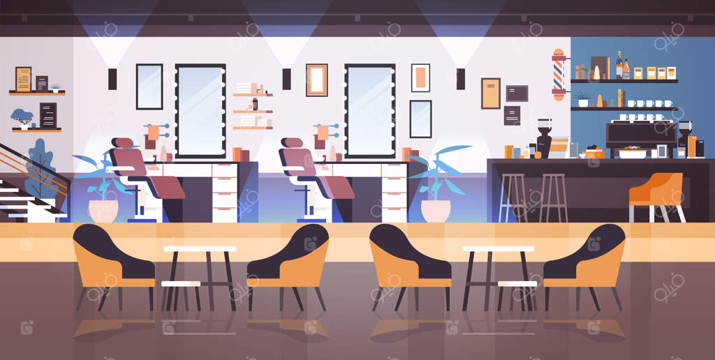 سالن آرایش مدرن خالی بدون مشتری، طراحی داخلی مد برای سالن اصلاح مو، تصویر افقی