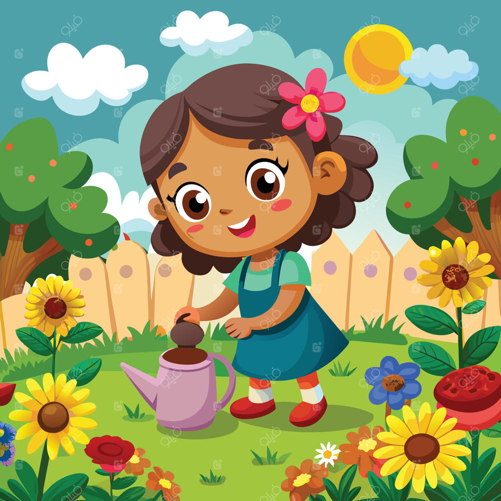 دختر کارتونی در حال آبیاری گل‌ها در باغچه