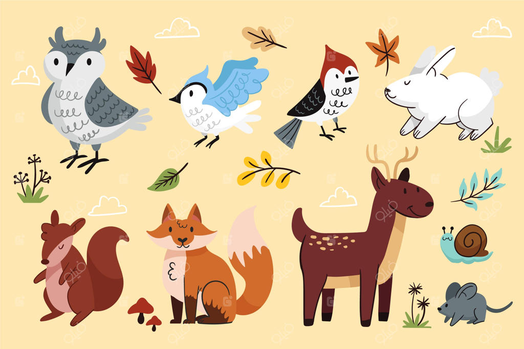 مجموعه حیوانات پاییزی با طراحی دستی