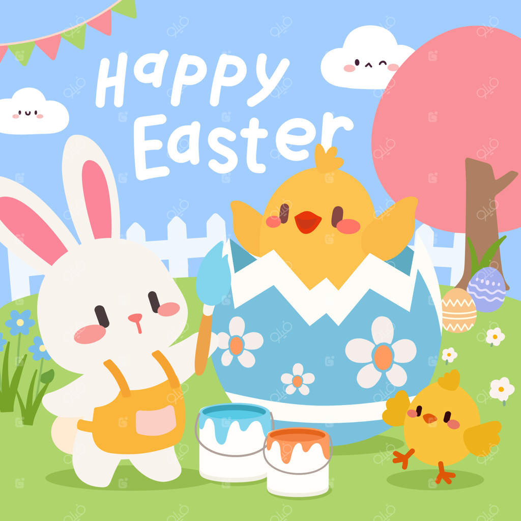 تصویری دلنشین از عید پاک: خرگوشی بانمک در حال نقاشی کردن تخم بزرگی که تزئین شده، در حالی که جوجه‌های خوشحال در باغ رنگارنگ بهاری جشن می‌گیرند.