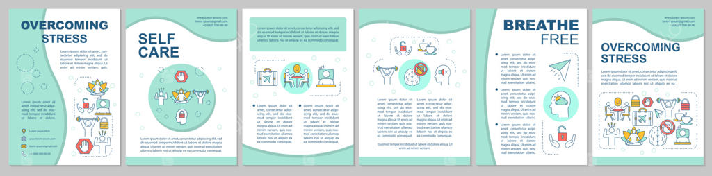 طرح قالب بروشور غلبه بر استرس. سلامت روان. طراحی چاپی تراکت، کتابچه و لیفلت. مدیریت استرس. ذهن‌آگاهی. طرح‌بندی وکتور صفحات برای مجلات، گزارش‌های سالانه و پوسترهای تبلیغاتی