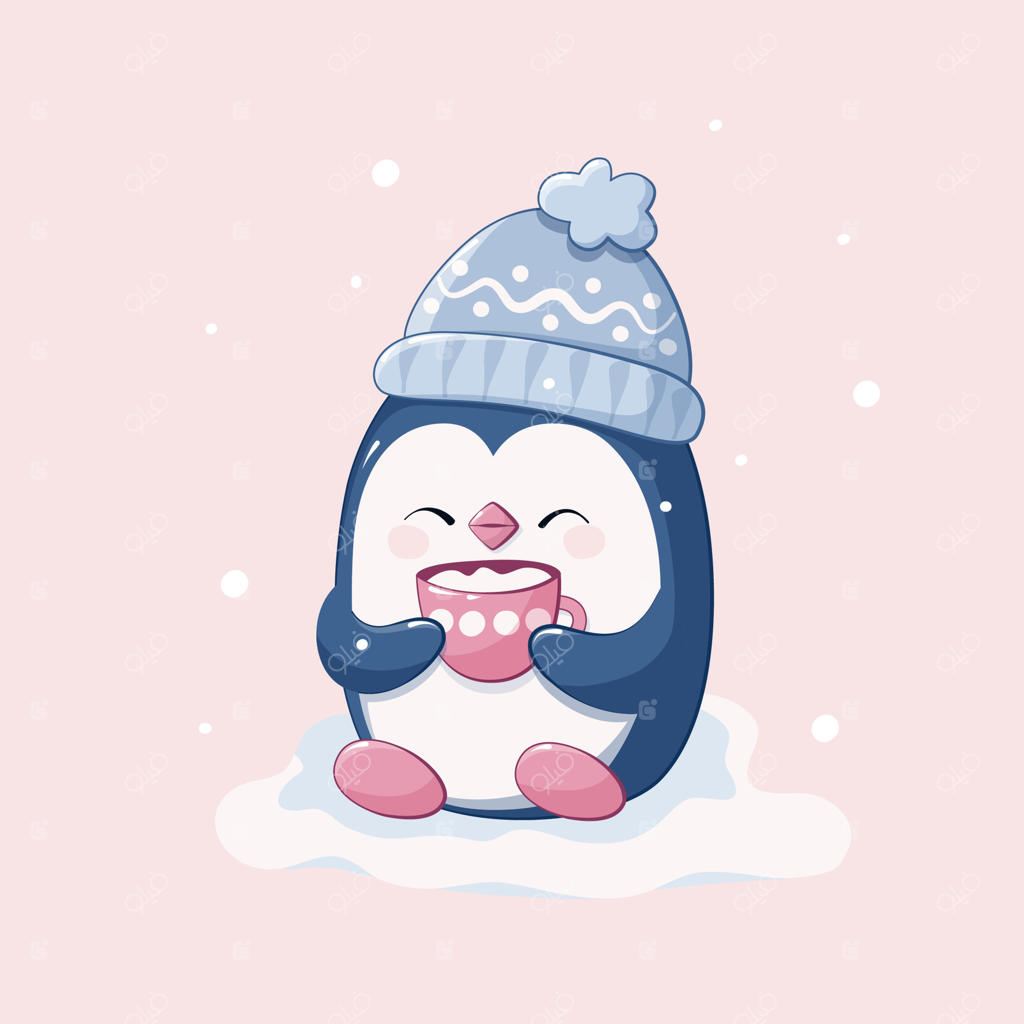 شخصیت یک پنگوئن بامزه با فنجان قهوه صورتی - تصویر زمستانی