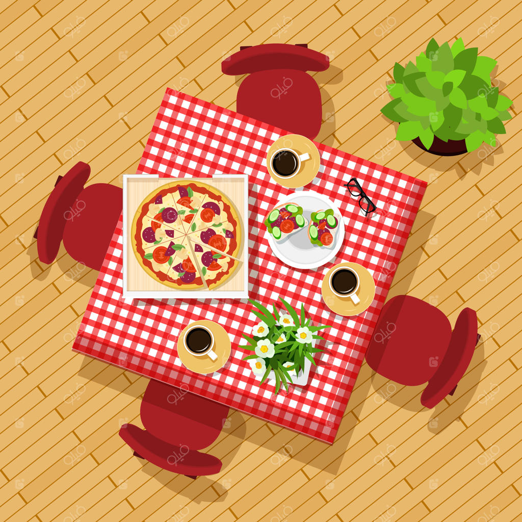 نمای بالا از میز ناهارخوری: ست شیک با میز، صندلی‌ها، فنجان‌ها، بشقاب‌ها و گل‌ها. میز آشپزخانه زیبا - تصویرسازی.