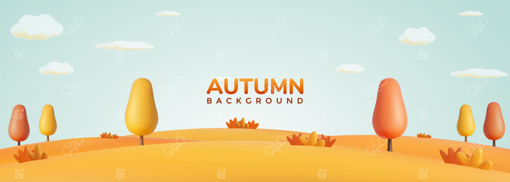 منظره پاییزی با درختان نارنجی گرم و تپه‌های ملایم در زیر آسمانی روشن