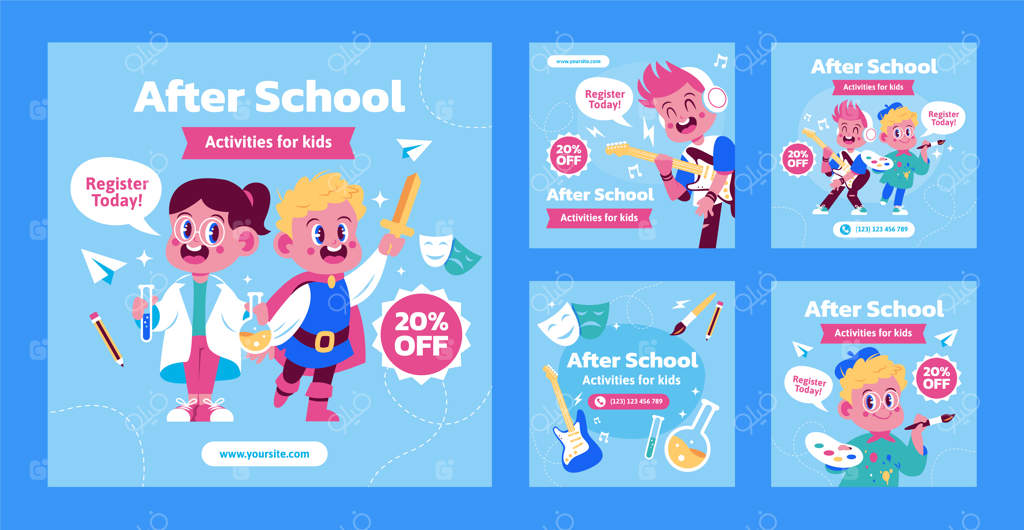 مجموعه پست‌های اینستاگرام برای فعالیت‌های بعد از مدرسه با طراحی دستی